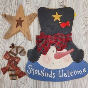 3 Pc Primitive Wooden Christmas Wall Decor Lot Snowbirds Snowman Star Candy Cane